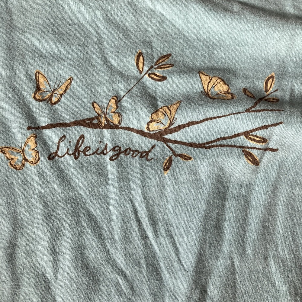 Life Is Good Semi Fitted Long Slv tee Women's Turquoise with yellow butterflies - Picture 2 of 4
